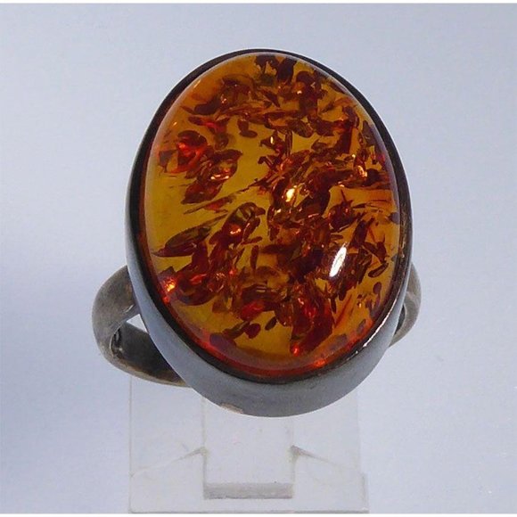 Modernist Amber & Sterling Silver Ring Signed E Size 9 - Picture 9 of 10